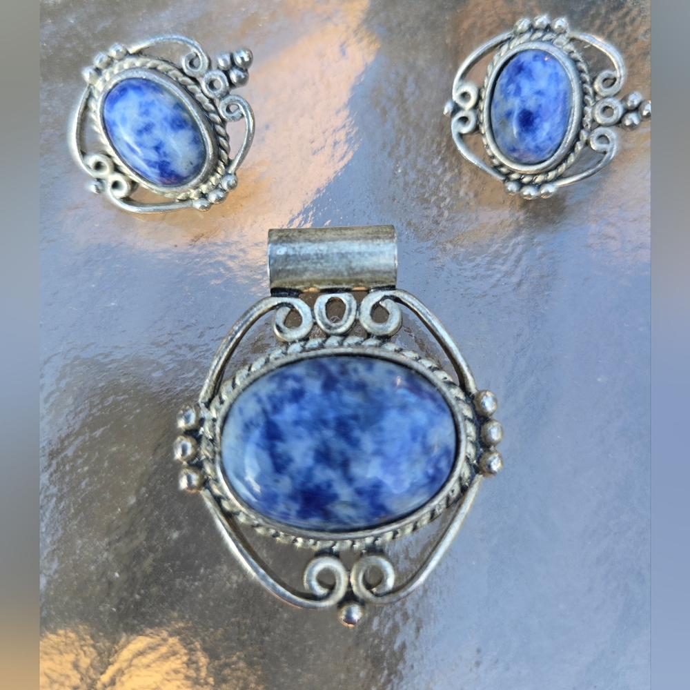 Vintage Blue Stone Jewelry Set Pierced Earrings, Pendant